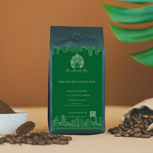Best Sellers Sample Pack coffee bags featuring a variety of ground coffee samples in an elegant packaging.