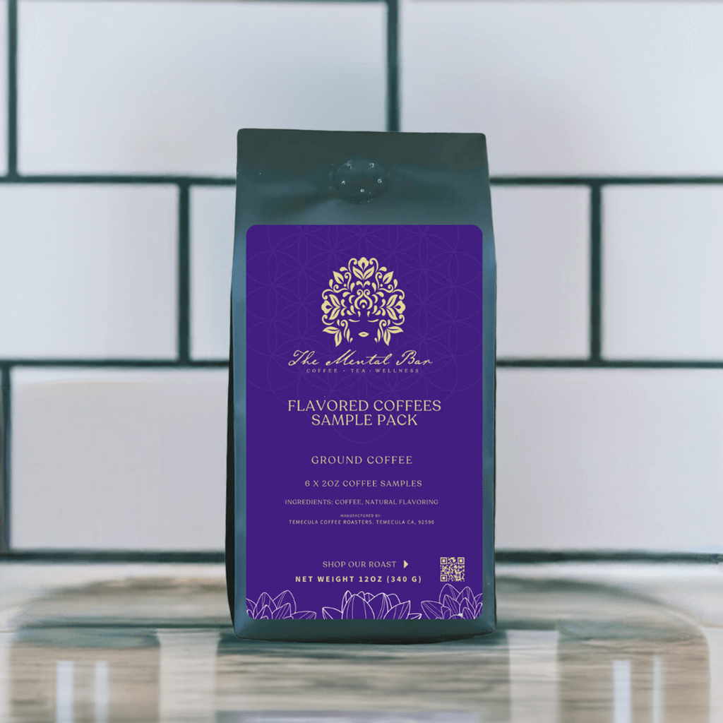 Flavored Coffee Sample Six Pack featuring 2-ounce coffee bags, Hazelnut, Cinnabon, Vanilla, Mocha, Cinnamon, and Caramel.