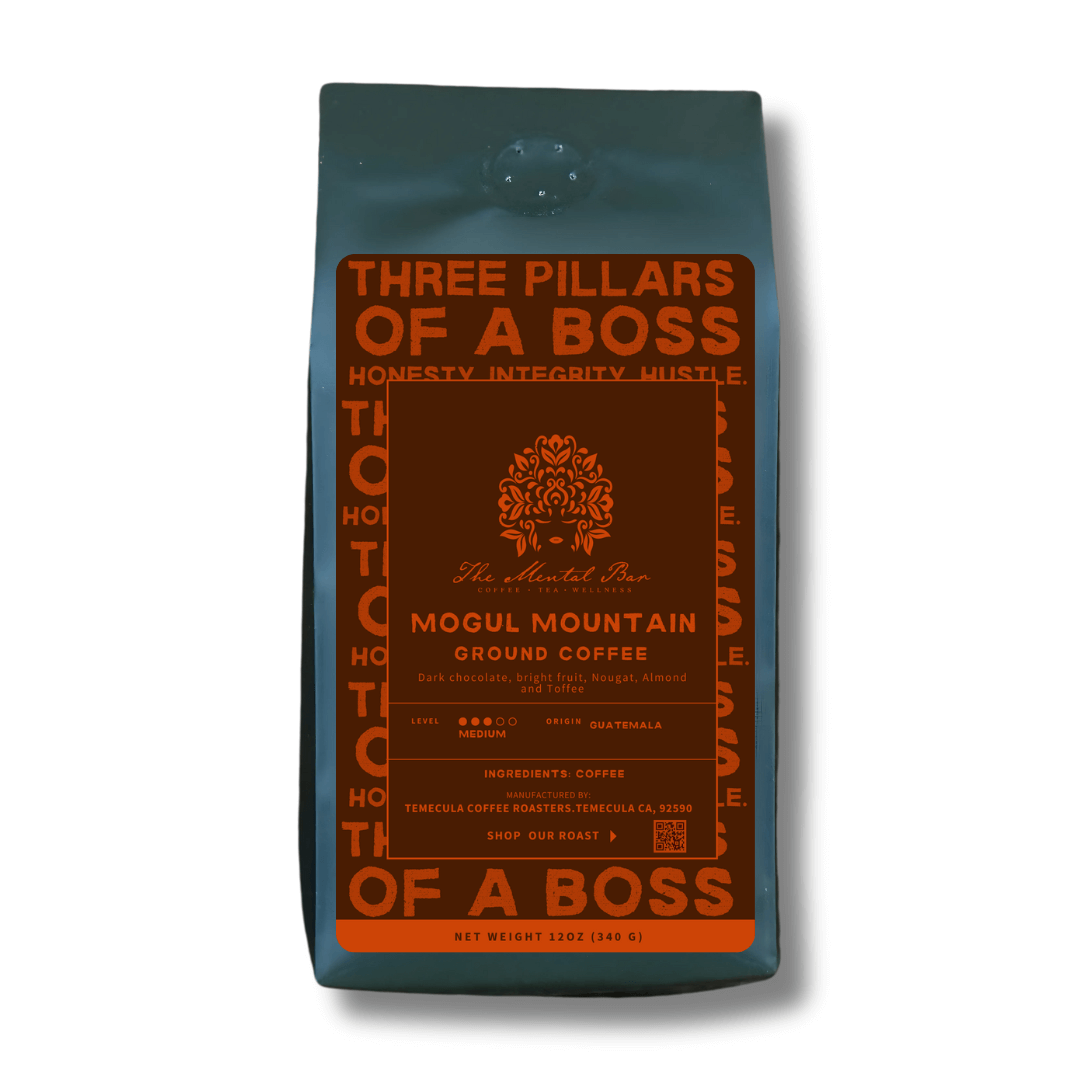 Mogul Mountain medium roast coffee offering dark chocolate, almond, and toffee flavors.