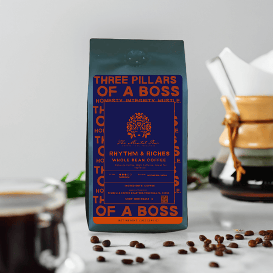 A pack of 'Rhythm & Riches' coffee beans with a medium roast level, sourced from Indonesia and India. The packaging is navy blue with orange accents and text, and there is a cup of coffee and coffee beans on the foreground.