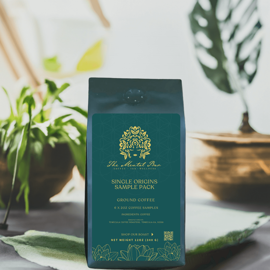 The Mental Bar Single Origin Coffee Sample Pack featuring six 2-ounce coffee bags of ground coffee.