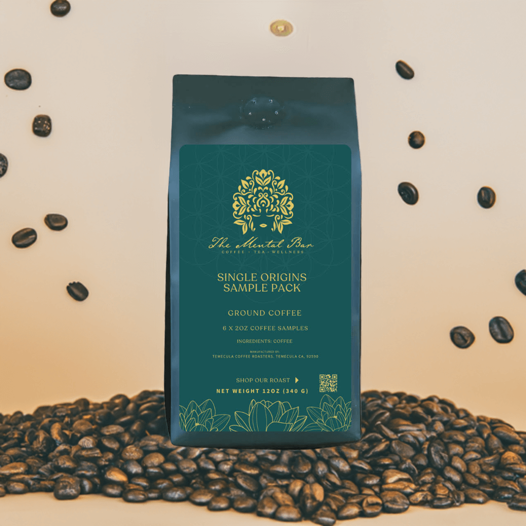 The Mental Bar Single Origin Coffee Sample Pack featuring six 2-ounce coffee bags of ground coffee.