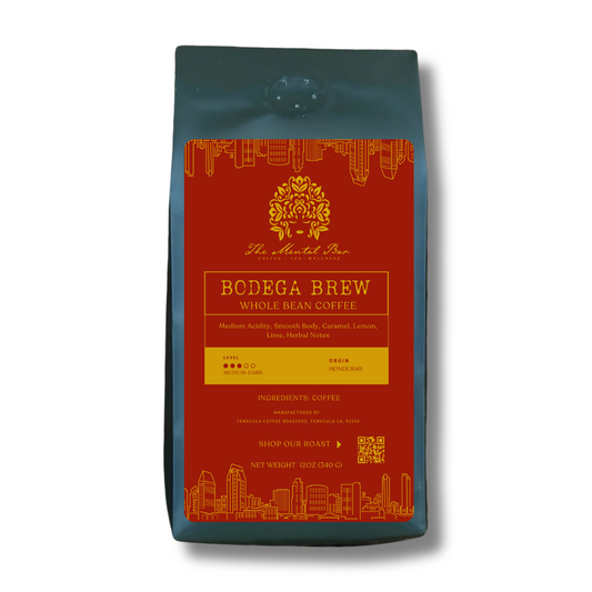 Bodega Brew medium-dark roast coffee with smooth caramel sweetness and herbal notes.