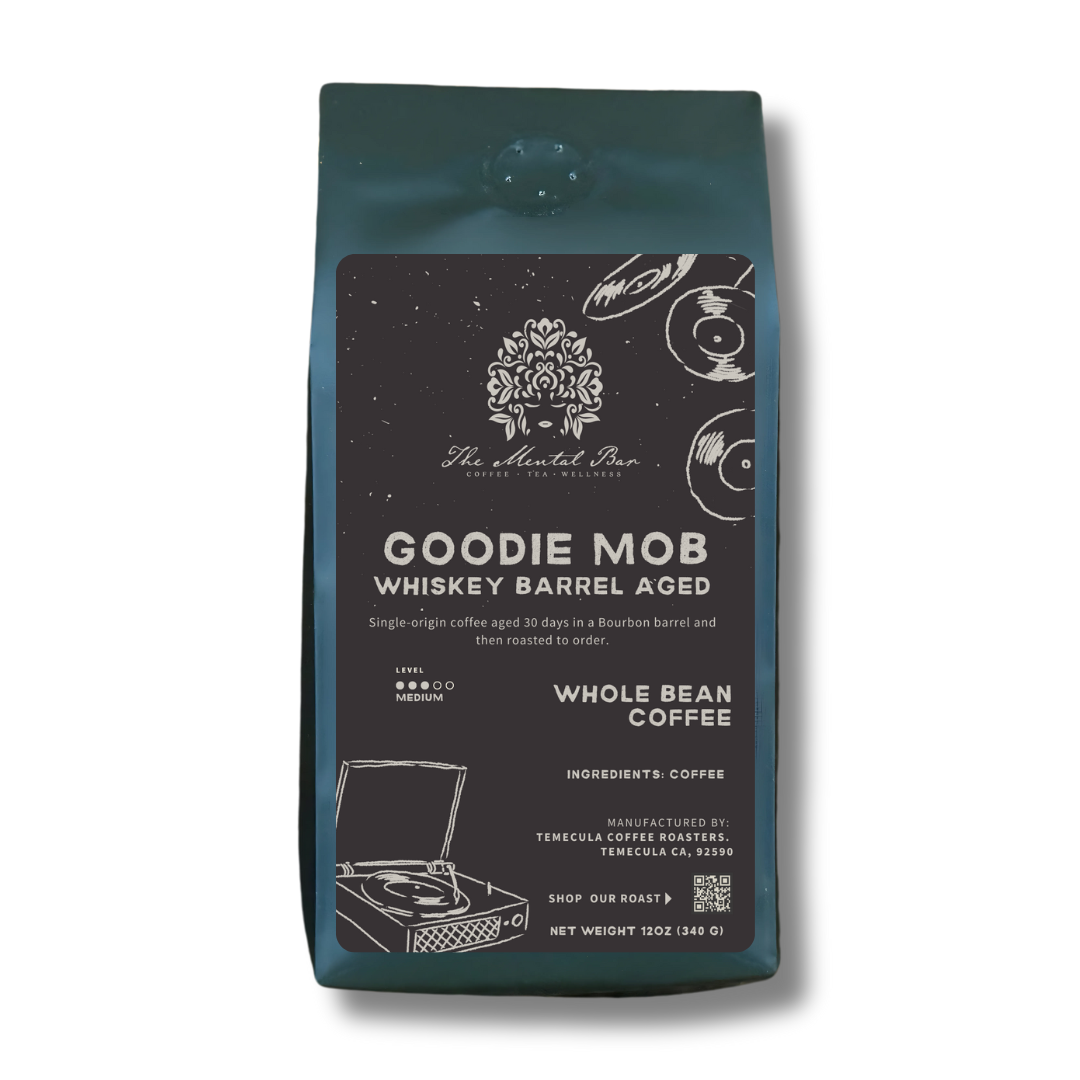 Goodie Mob single-origin coffee aged in bourbon barrels with rich caramel and oak notes.