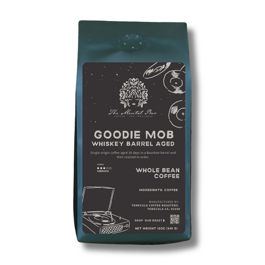 Goodie Mob single-origin coffee aged in bourbon barrels with rich caramel and oak notes.