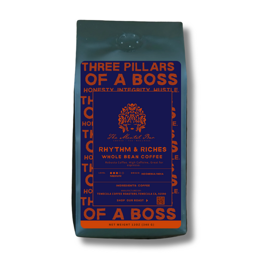 Rhythm & Riches espresso blend with bold flavors and smooth finish.