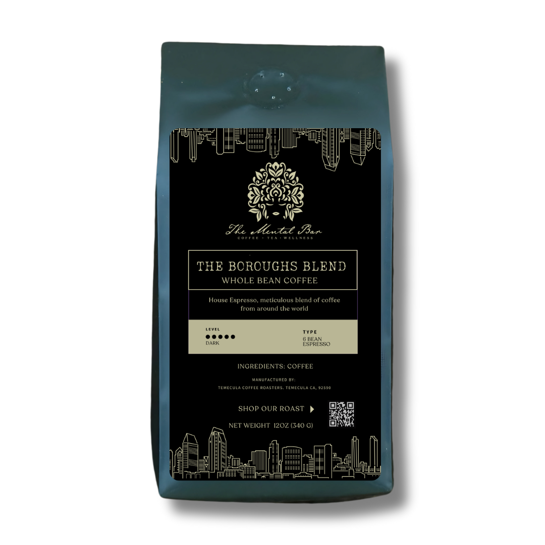 The Boroughs Blend espresso beans offering bold caramel and dark cocoa notes.