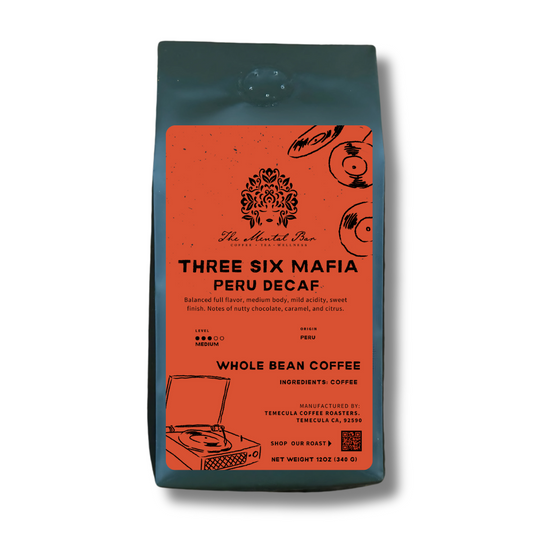 Three Six Mafia Peruvian coffee beans with nutty and chocolate undertones.