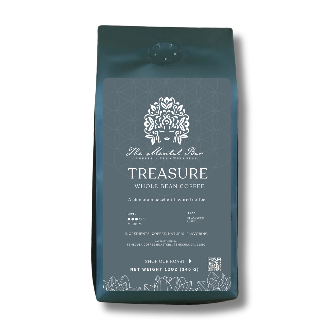 Treasure medium roast coffee with velvety texture and cocoa and almond flavors.