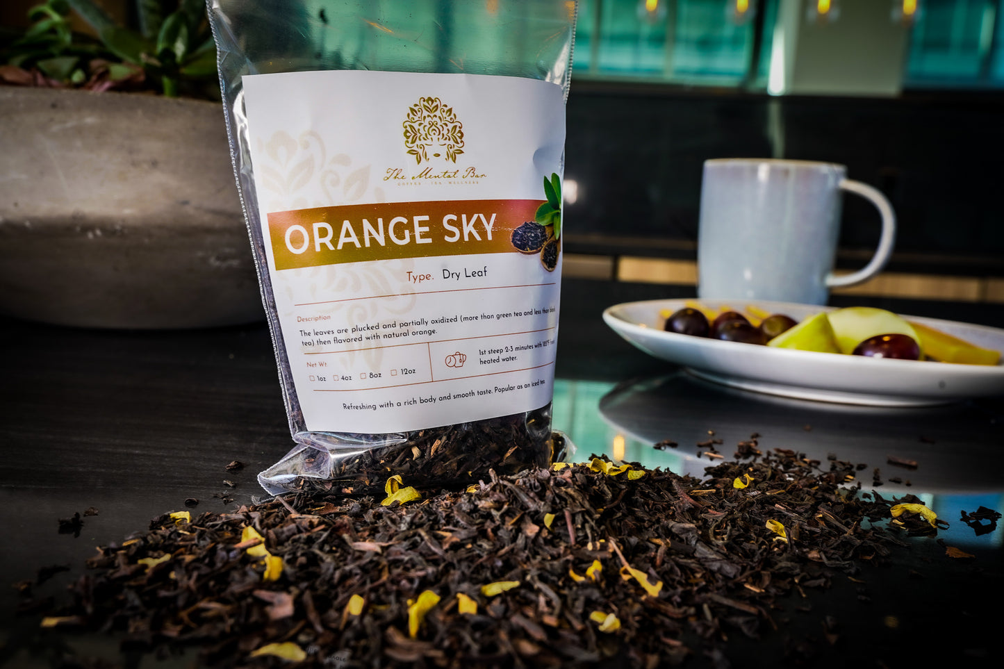 Orange Sky black and green tea blend infused with natural orange flavor and smooth taste.